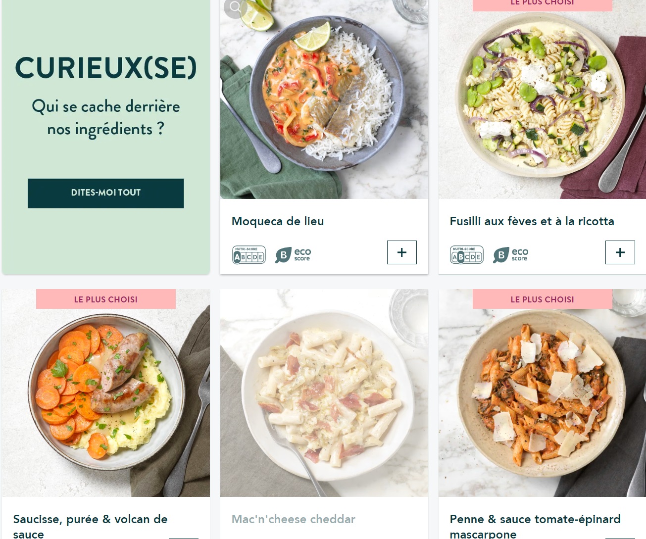 Menu Seazon avec des plats notés Nutri-Score et Eco-score