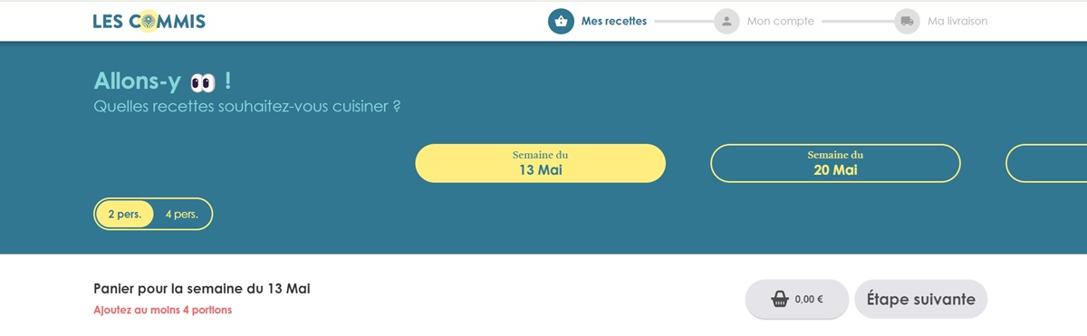 Parcours de commande Les Commis : choix de la semaine et du nombre de personnes