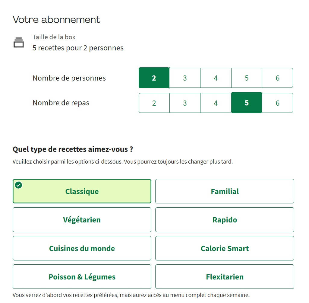 Écran de choix de l'abonnement HelloFresh : formules et nombre de personnes
