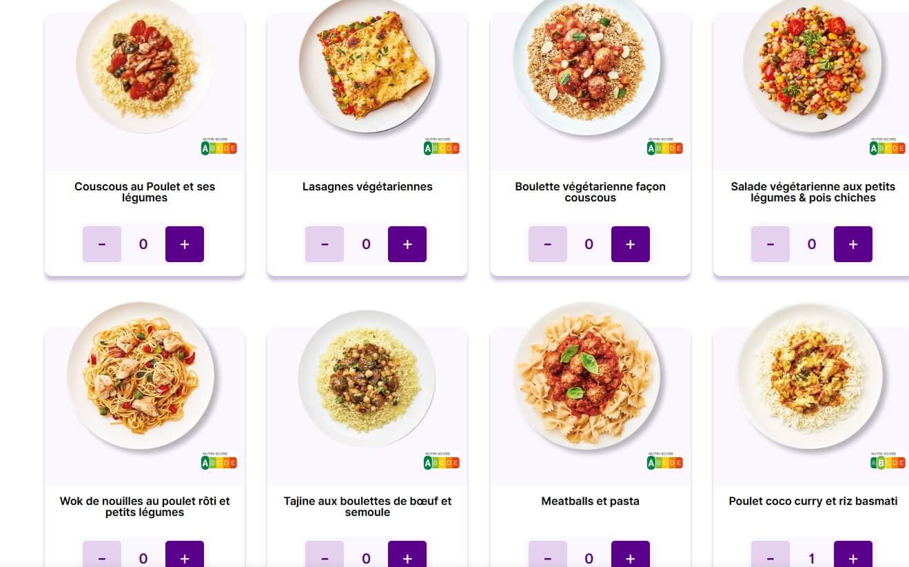 Interface de sélection des plats Dietbon affichant le Nutri-Score de chaque recette