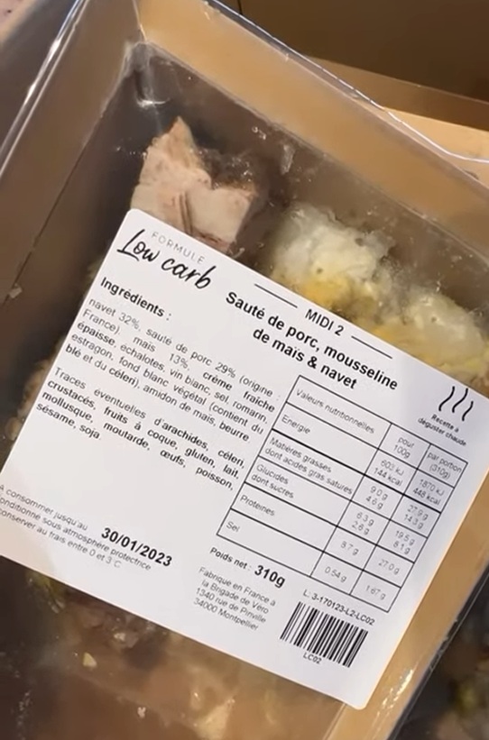Étiquette d'une barquette Low Carb La Brigade de Véro avec la liste des ingrédients et la table nutritionnelle