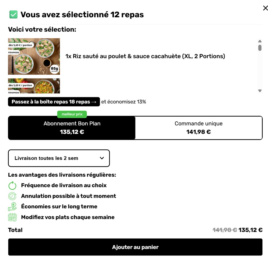 Écran de validation PrepMyMeal comparant l'abonnement à 135,12 euros et la commande unique à 141,98 euros pour 12 repas