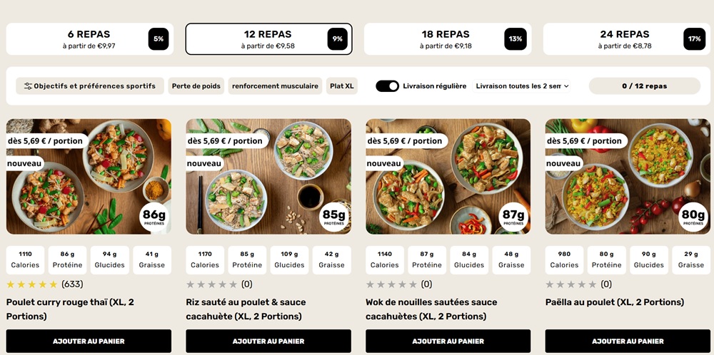 Sélecteur de coffret PrepMyMeal affichant 9,97 à 8,78 euros par repas selon la taille de la box