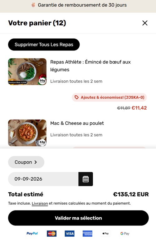 Panier PrepMyMeal de 12 repas avec un supplément Premium Meal et un total estimé de 135,12 euros
