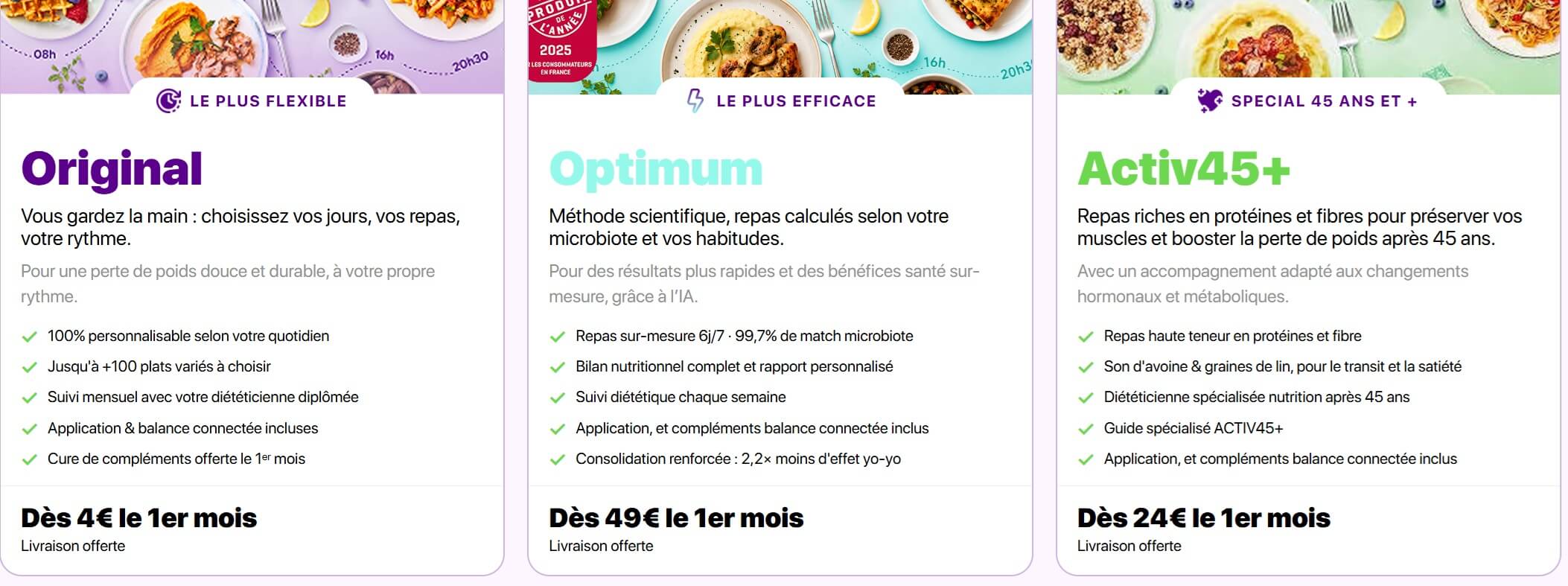 Les trois programmes minceur Dietbon Original, Optimum et Activ45+ avec leurs prix de premier mois